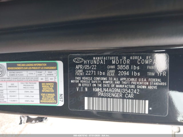 KMHLN4AG9NU354242 Hyundai mpi nu pe