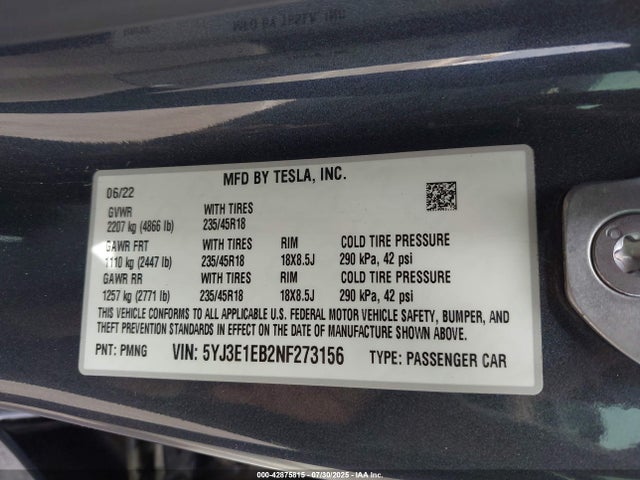 Tesla 2022 2022 5YJ3E1EB2NF273156 Image 9