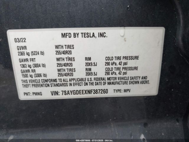 2022 TESLA MODEL Y 7SAYGDEEXNF387260 Photo 8