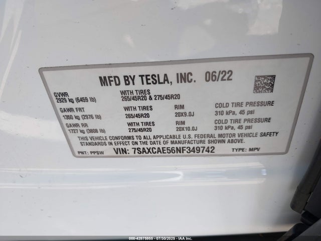 2022 TESLA MODEL X 7SAXCAE56NF349742 Photo 8