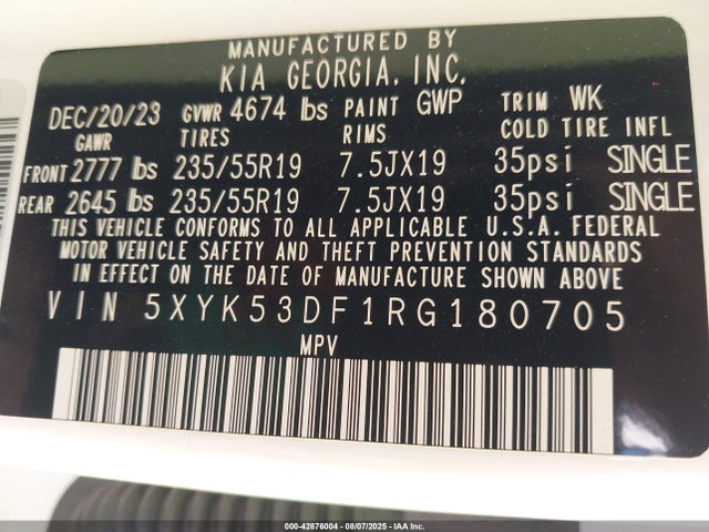 5XYK53DF1RG180705 KIA gdi theta iii
