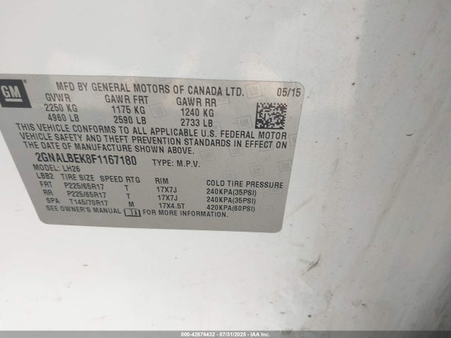 Продаж на аукціоні авто 2015 Chevrolet Equinox 1lt, vin: 2GNALBEK8F1167180, номер лоту: 42876432