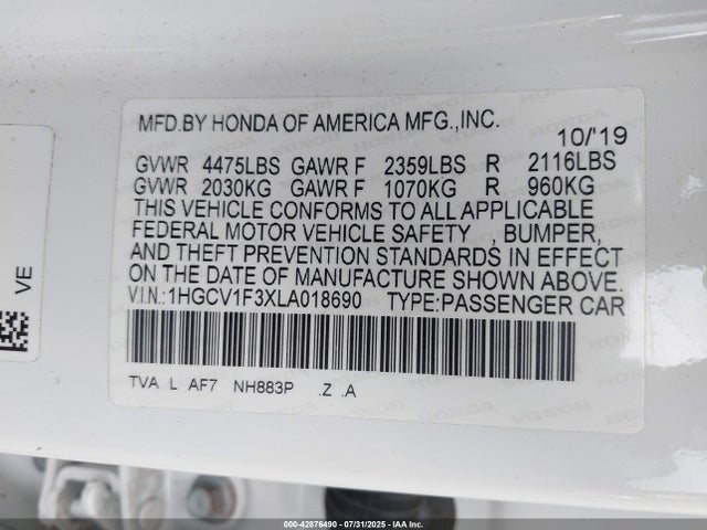 1HGCV1F3XLA018690 Honda l15be