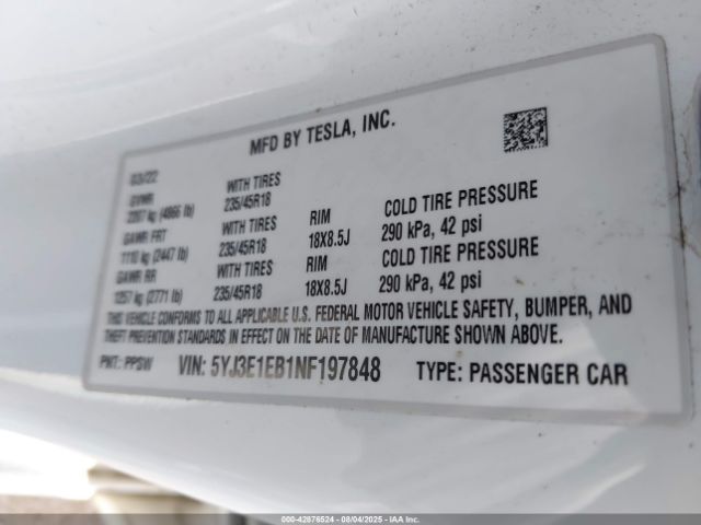 2022 TESLA MODEL 3 5YJ3E1EB1NF197848 Photo 8
