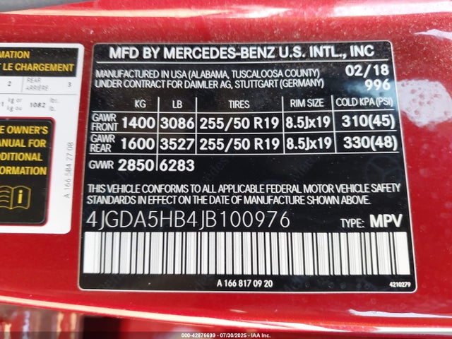 4JGDA5HB4JB100976 Mercedes-Benz m276