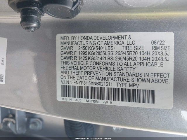 Honda j35y6 2022 5FNYF8H5XNB021611 Image 9