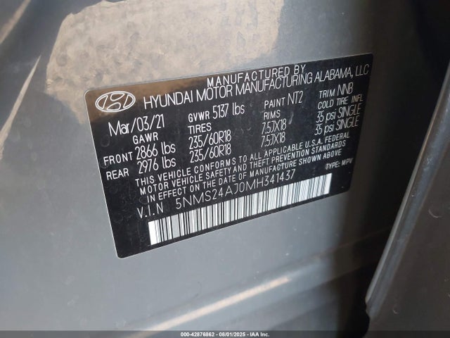 5NMS24AJ0MH341437 Hyundai gdi theta iii