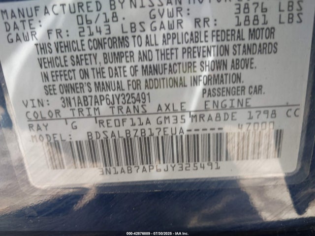 3N1AB7AP6JY325491 Nissan 2018