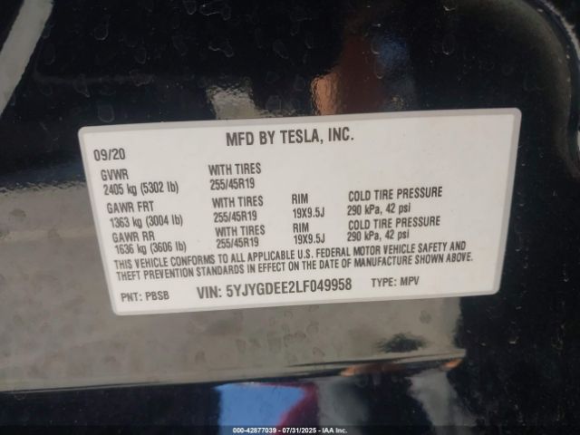2020 TESLA MODEL Y 5YJYGDEE2LF049958 Photo 8