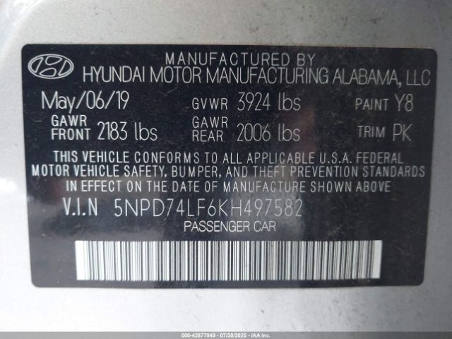 2019 HYUNDAI ELANTRA 5NPD74LF6KH497582 Photo 8