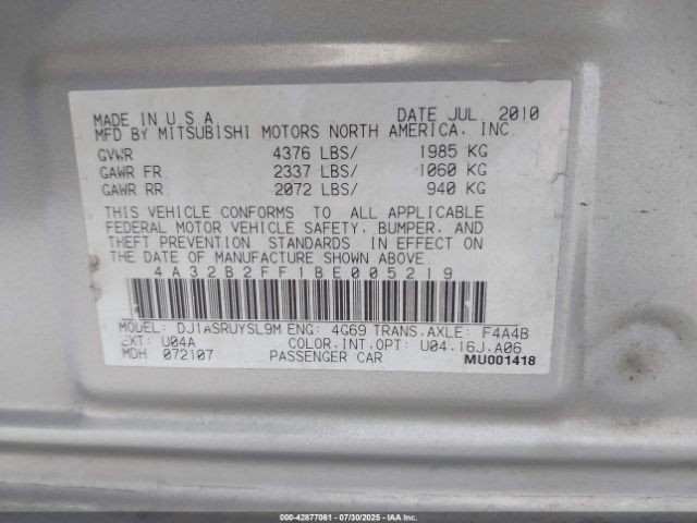 2011 MITSUBISHI GALANT 4A32B2FF1BE005219 Photo 8