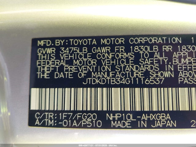 JTDKDTB34G1116537 Toyota 1nz-fxe+1lm
