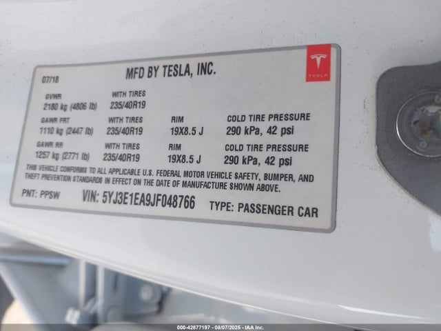 5YJ3E1EA9JF048766 Tesla MODEL 3
