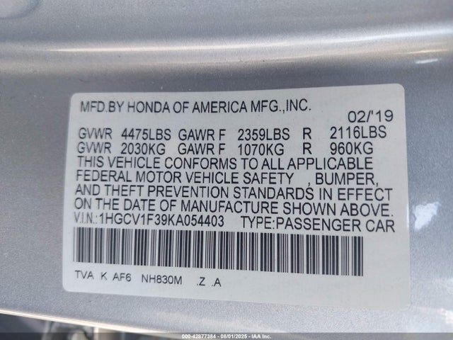 1HGCV1F39KA054403 Honda l15be