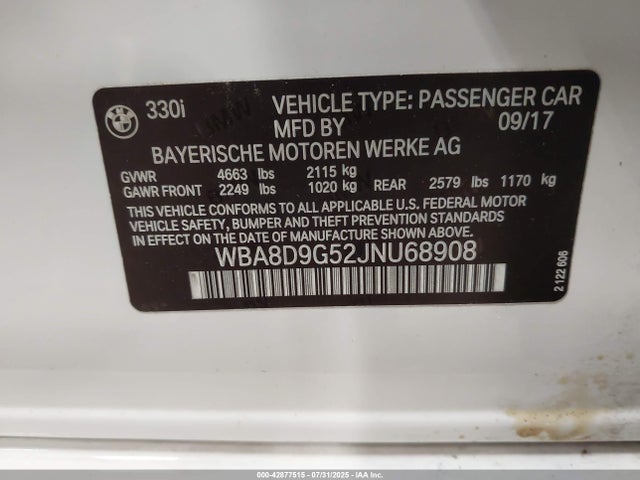 BMW 330I 2018 WBA8D9G52JNU68908 Image 9