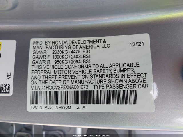 Honda k20c4 2022 1HGCV2F3XNA001073 Image 9