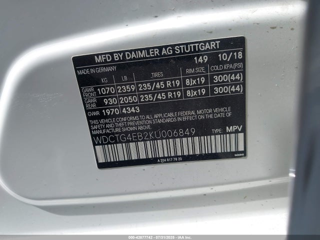 WDCTG4EB2KU006849 Mercedes-Benz m270