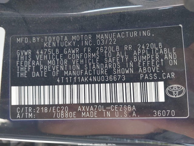 4T1T11AK4NU036673 Toyota a25a-fks