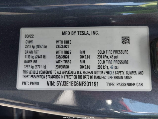 2022 TESLA MODEL 3 5YJ3E1EC6NF201191 Photo 8