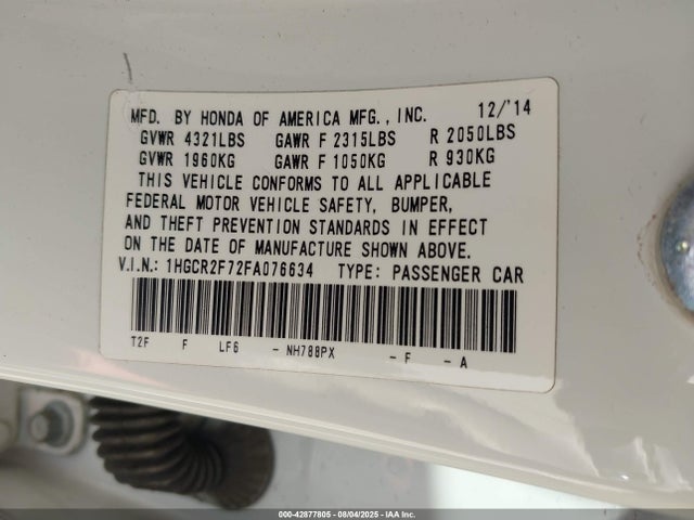 1HGCR2F72FA076634 Honda k24w1