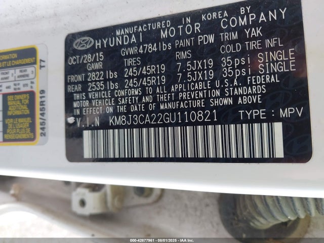 KM8J3CA22GU110821 Hyundai 2016