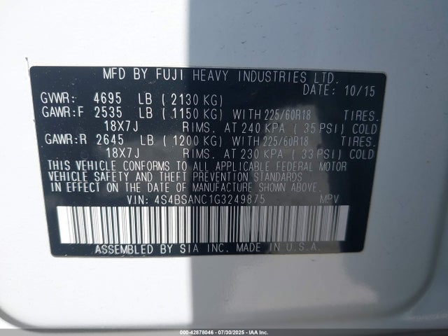 Subaru 2.5l u5 2016 4S4BSANC1G3249875 Image 9