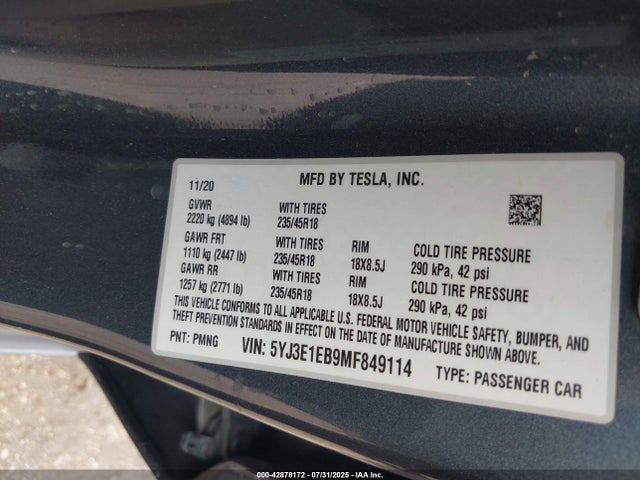 2021 TESLA MODEL 3 5YJ3E1EB9MF849114 Photo 8
