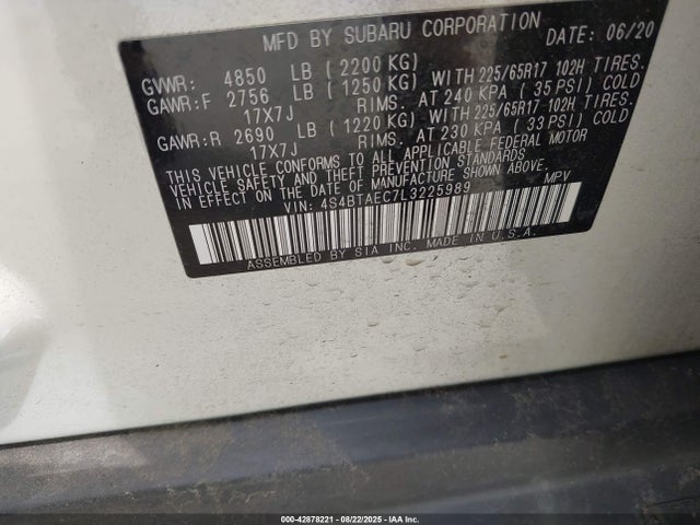 Продаж на аукціоні авто 2020 Subaru Outback Premium, vin: 4S4BTAEC7L3225989, номер лоту: 42878221