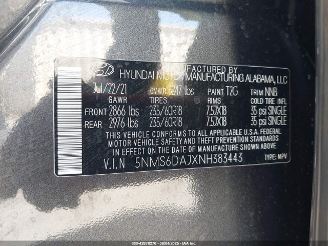 5NMS6DAJXNH383443 Hyundai gdi theta iii