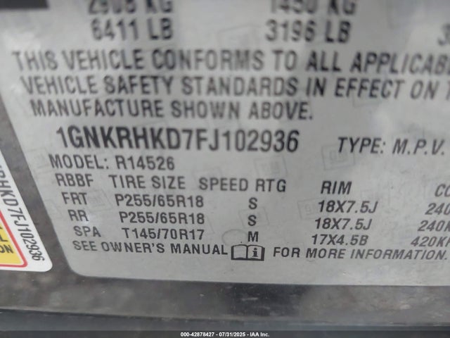 Chevrolet llt 2015 1GNKRHKD7FJ102936 Image 9