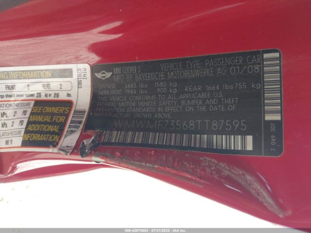 2008 MINI COOPER S WMWMF73568TT87595 Photo 8
