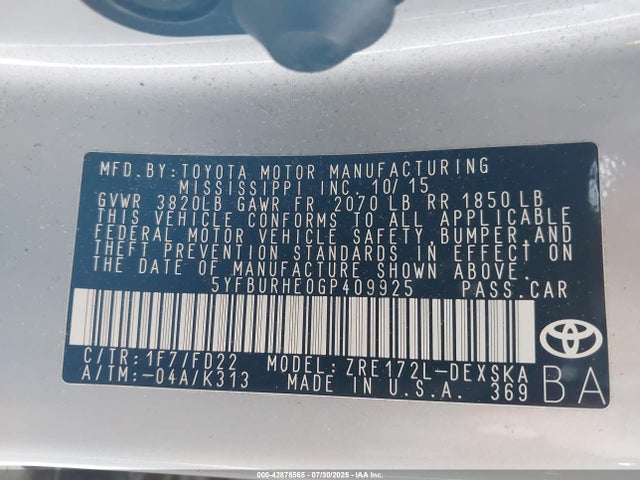 Toyota 2zr-fe 2016 5YFBURHE0GP409925 Image 9