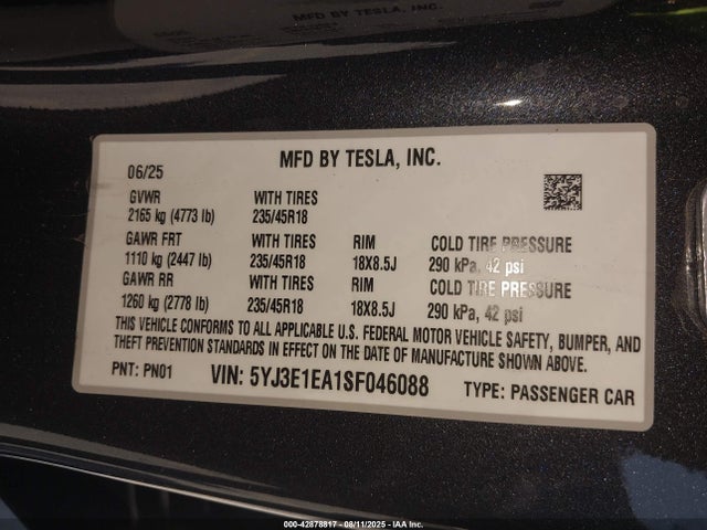 2025 TESLA MODEL 3 5YJ3E1EA1SF046088 Photo 8