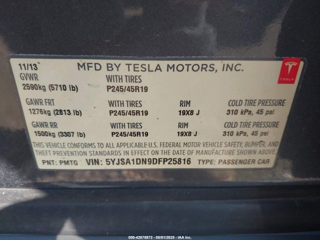 2013 TESLA MODEL S 5YJSA1DN9DFP25816 Photo 8