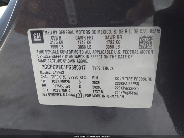 3GCPCREC1FG390317 Chevrolet l83 - vvt, active fuel management, aluminum