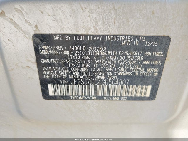 Subaru naturally aspirated u5 2016 JF2SJADC4GH504807 Image 9