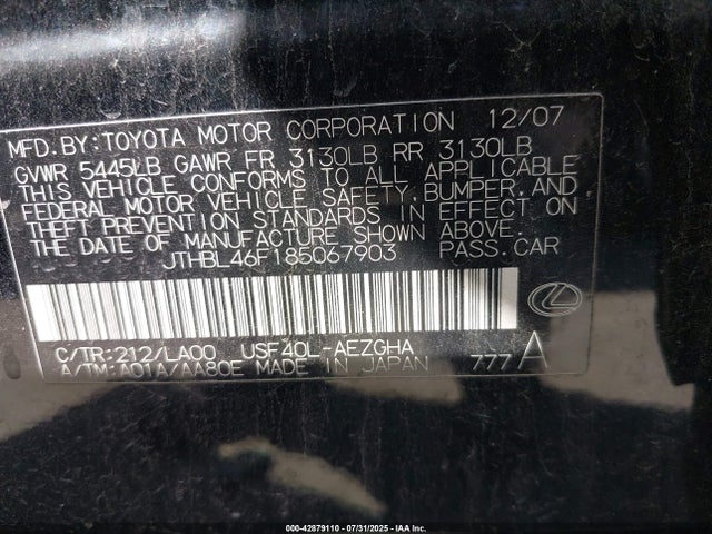 42879110 :رقم المزاد ، JTHBL46F185067903 vin ، 2008 Lexus Ls 460 مزاد بيع