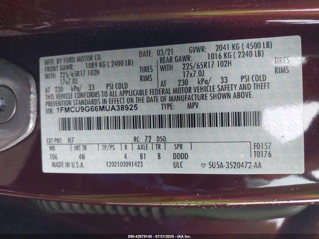 1FMCU9G66MUA38925 Ford dragon di tc