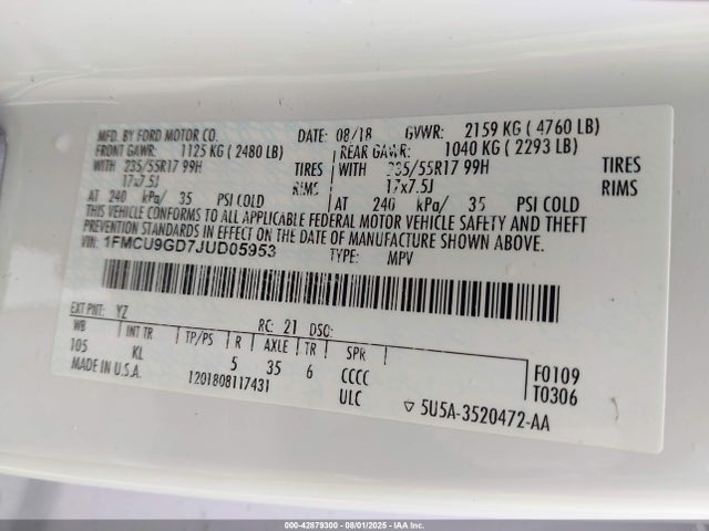 1FMCU9GD7JUD05953 Ford 1.5l gtdi sigma w/premium fuel