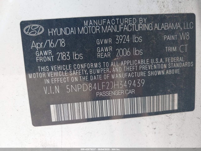 5NPD84LF2JH349439 Hyundai mpi nu