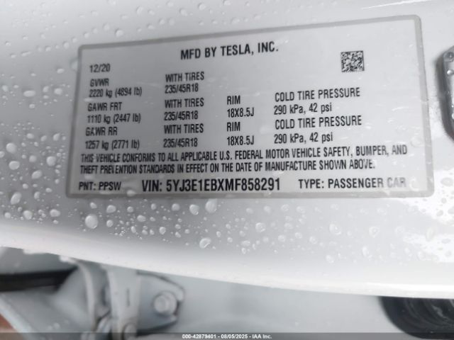 2021 TESLA MODEL 3 5YJ3E1EBXMF858291 Photo 8