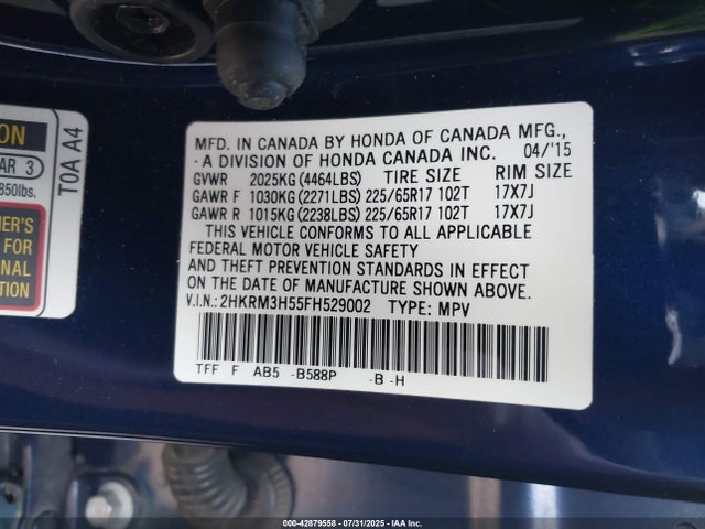 Honda k24w9/k24v1 2015 2HKRM3H55FH529002 Image 9