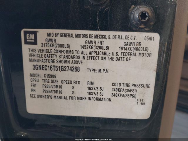 2001 CHEVROLET SUBURBAN 1500 3GNEC16T51G274268 Photo 8