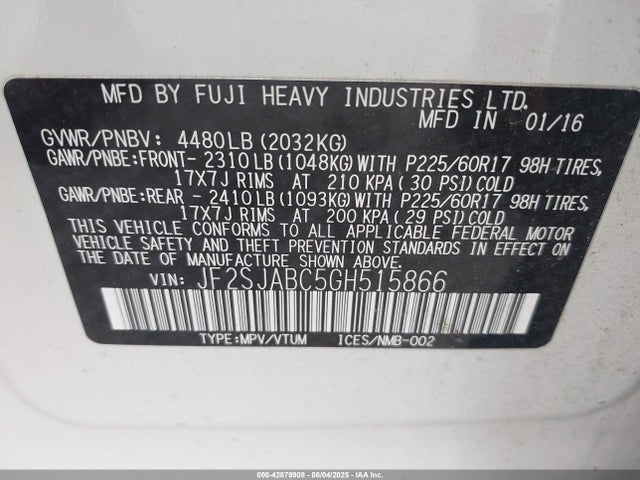 Subaru naturally aspirated u5 2016 JF2SJABC5GH515866 Image 9
