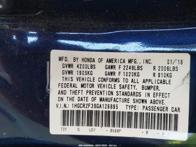 1HGCR2F39GA126895 Honda k24w1