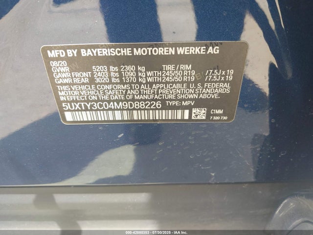 BMW 2021 2021 5UXTY3C04M9D88226 Image 9
