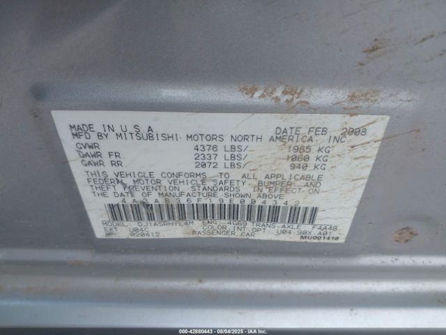 2009 MITSUBISHI GALANT 4A3AB36F19E004342 Photo 8