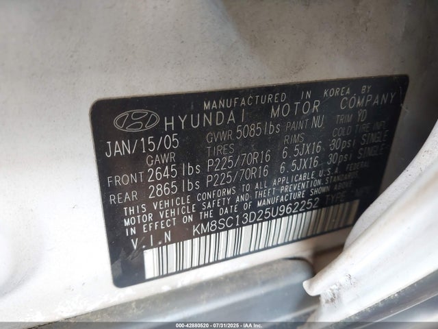 42880520 :رقم المزاد ، KM8SC13D25U962252 vin ، 2005 Hyundai Santa Fe Gls مزاد بيع