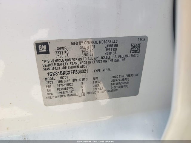 1GKS1BKCXFR593321 GMC l83 - vvt, active fuel management, aluminum