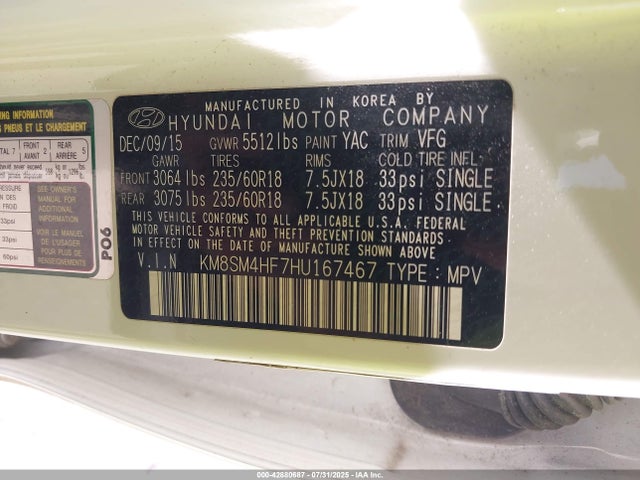 KM8SM4HF7HU167467 Hyundai gdi lambda ii